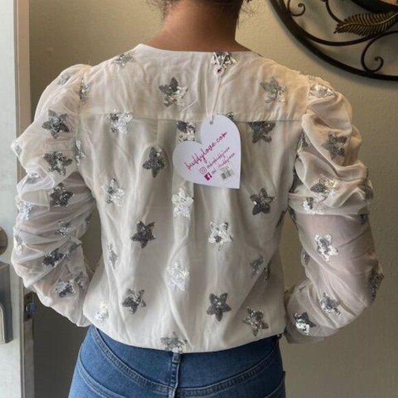 BuddyLove Womens Sequin Star Top White Puffy Long Sleeve Fashion Elegant outfit - Picture 2 of 16